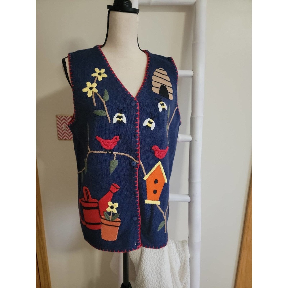 Quacker Factory Navy Birds and Bees Sweater Vest Sz M